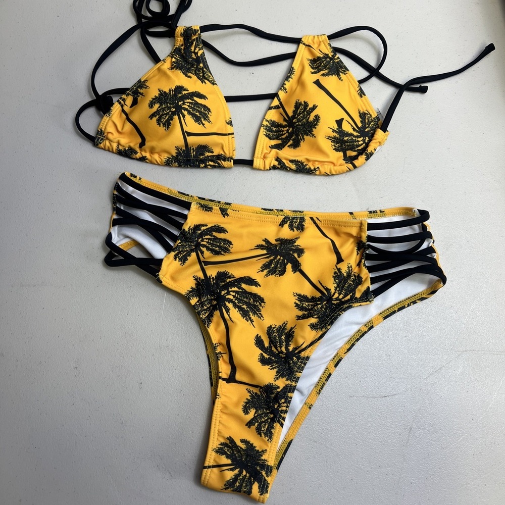 Yellow Palm Print Strappy Bikini Set
